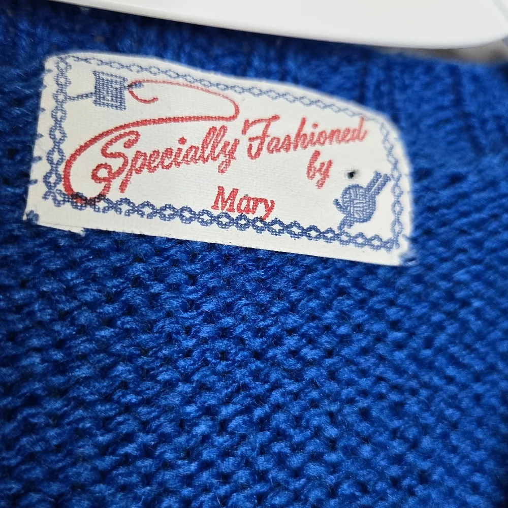 Vintage Youth M L Knit Sweater Sailboat Nautical Clipper Ship Handmade Blue Whit